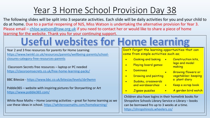 year 3 home school provision day 38 the following n.w