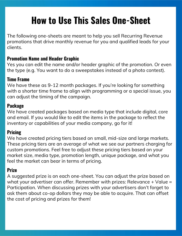 how to use this sales one sheet n.w