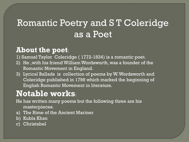 romantic poetry and s t coleridge as a poet n.w