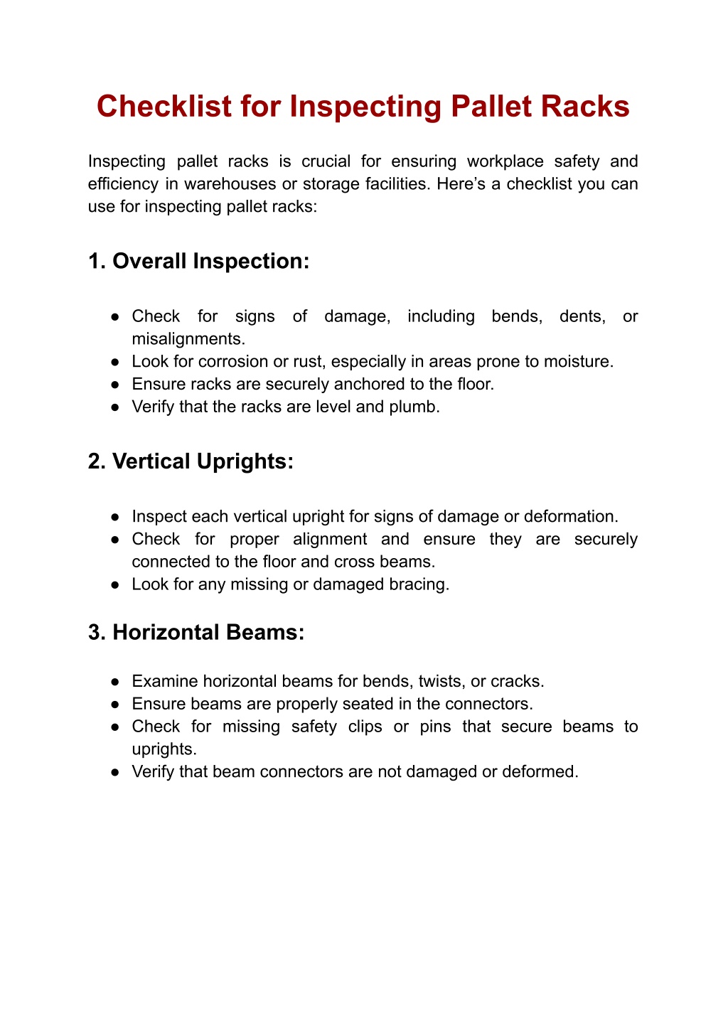 checklist for inspecting pallet racks l.w