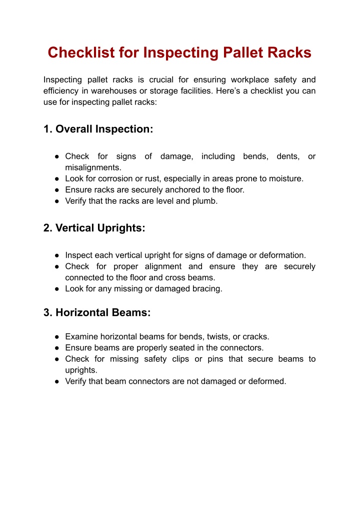 checklist for inspecting pallet racks n.w