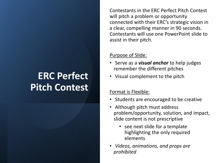 contestants in the erc perfect pitch contest will n.w