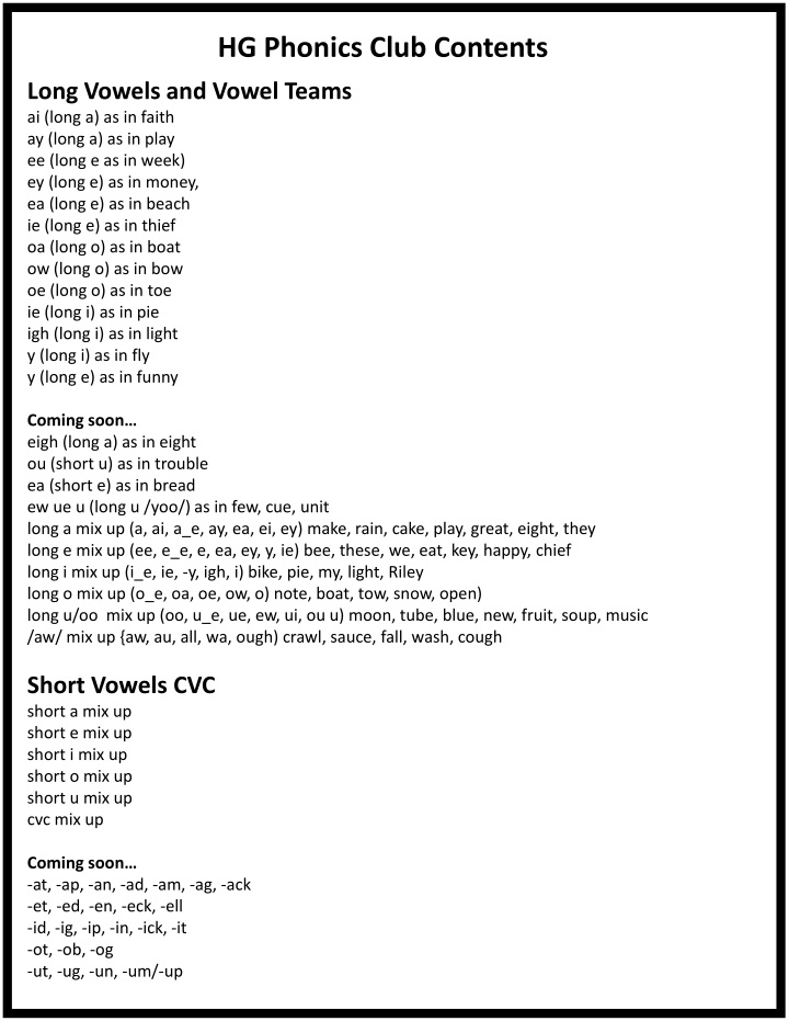 hg phonics club contents n.w