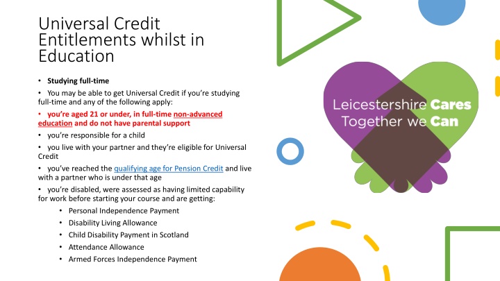 universal credit entitlements whilst in education n.w