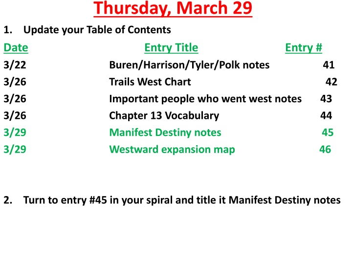 thursday march 29 update your table of contents n.w