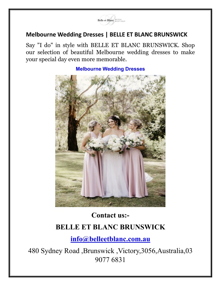 melbourne wedding dresses belle et blanc brunswick n.w