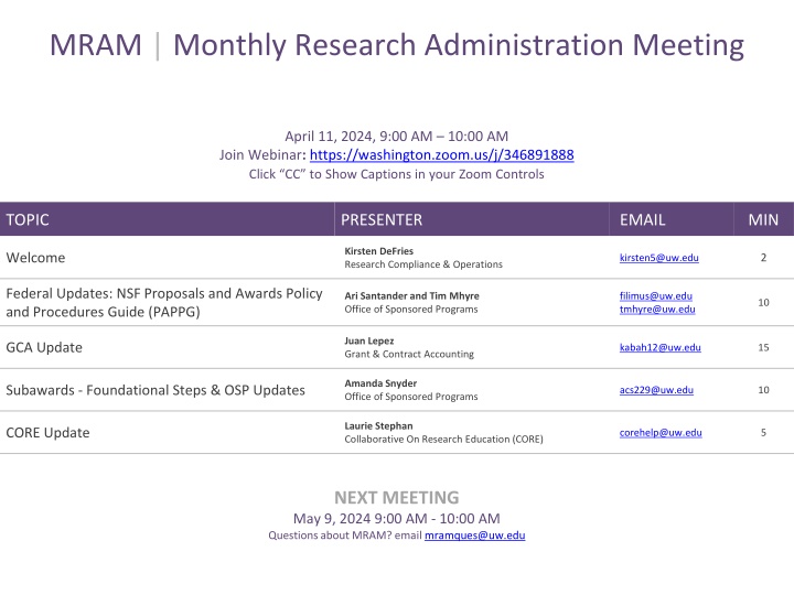 mram monthly research administration meeting n.w