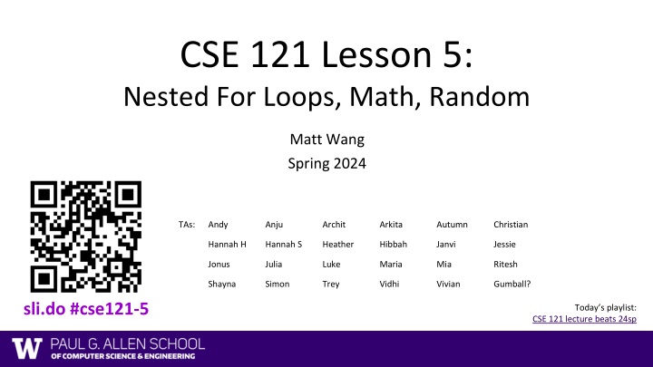 cse 121 lesson 5 nested for loops math random n.w