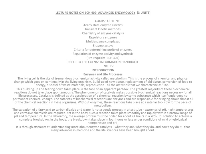 lecture notes on bch 409 advanced enzymology n.w