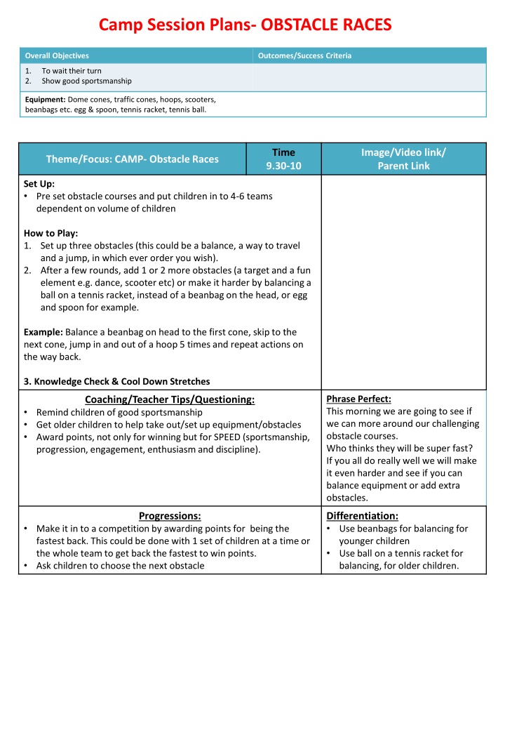 camp session plans obstacle races n.w