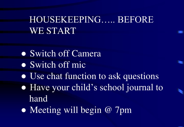housekeeping before we start n.w