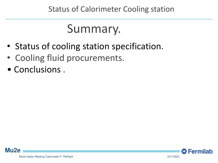 status of calorimeter cooling station n.w