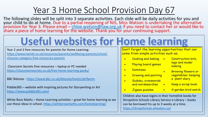 year 3 home school provision day 67 the following n.w