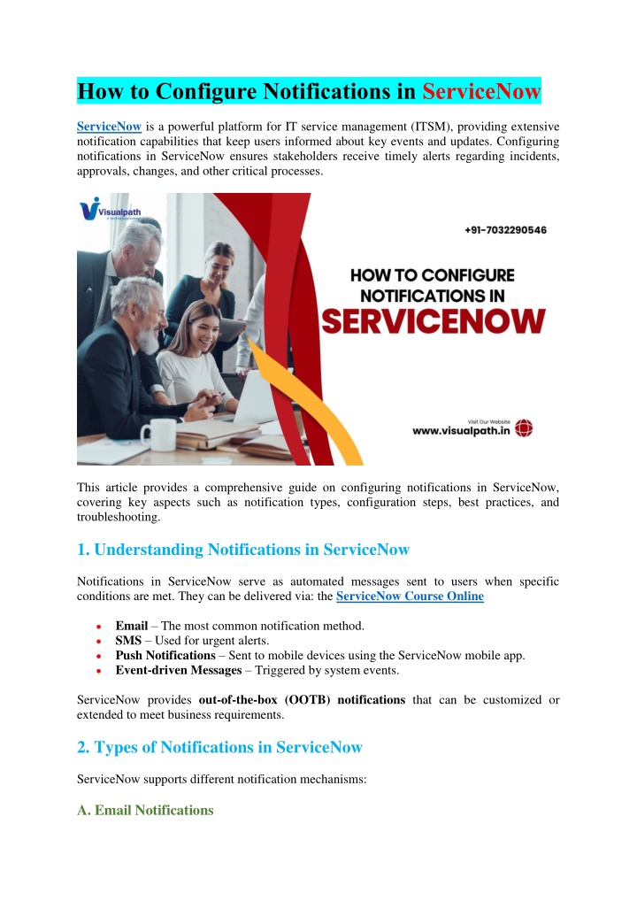 how to configure notifications in servicenow n.w