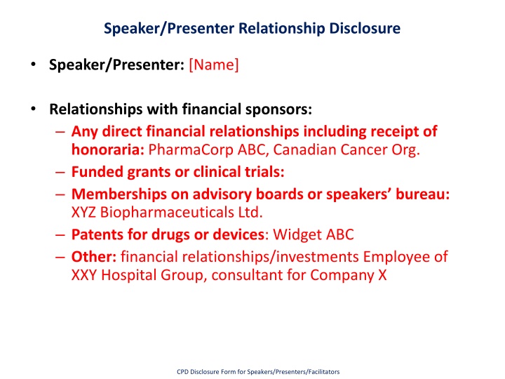 speaker presenter relationship disclosure n.w