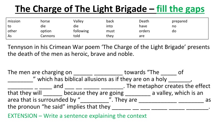 the charge of the light brigade fill the gaps n.w