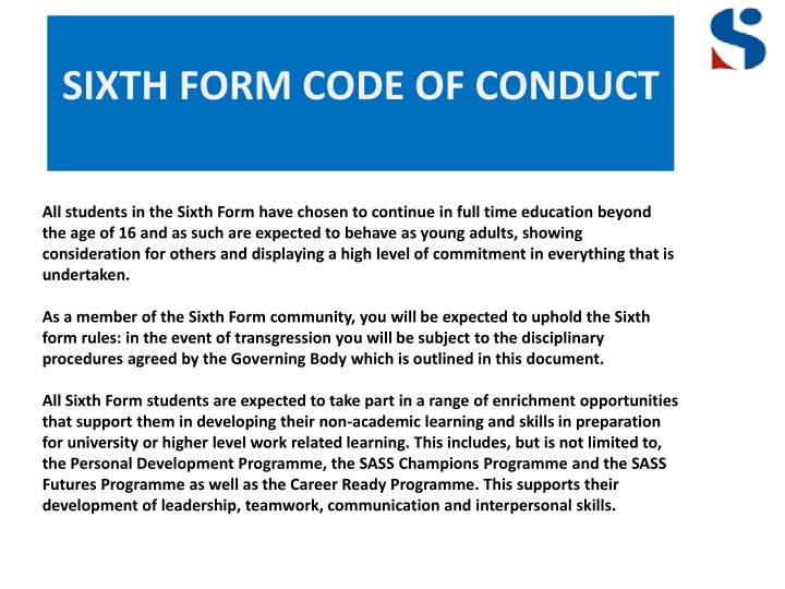 sixth form code of conduct n.w