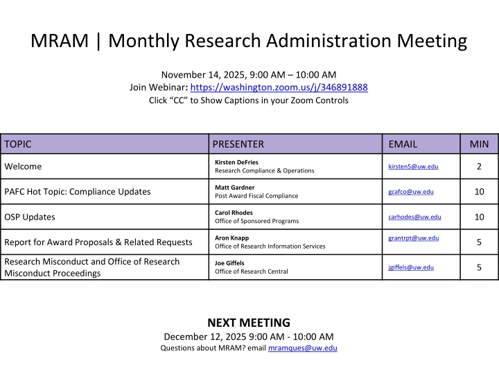 mram monthly research administration meeting n.w