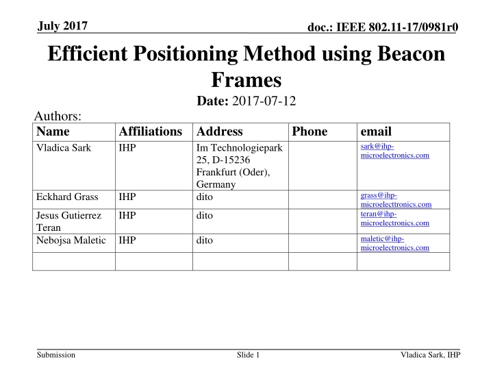 Efficient Positioning Method with Beacon Frames in Dense Multi-User Scenarios