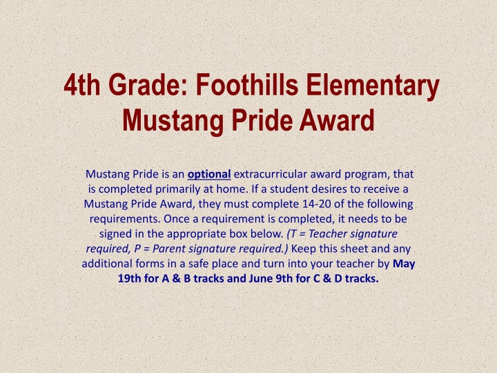 4th grade foothills elementary mustang pride award n.w