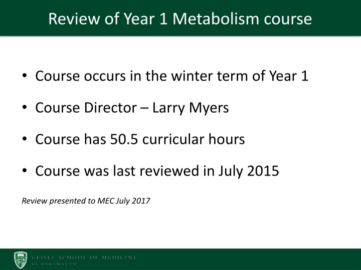 review of year 1 metabolism course n.w