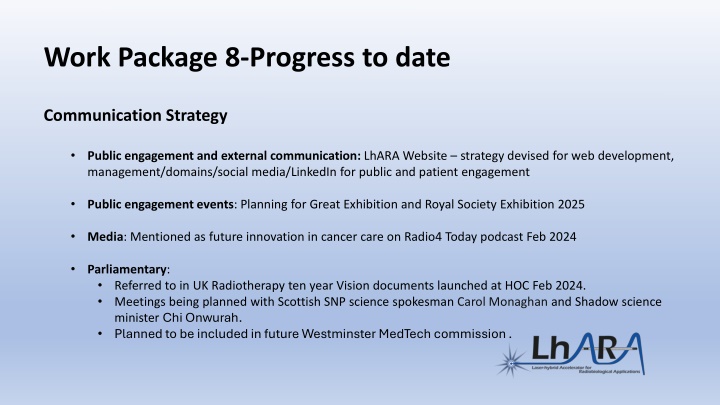 work package 8 progress to date n.w