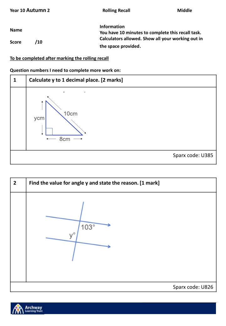 year 10 autumn 2 rolling recall middle n.w