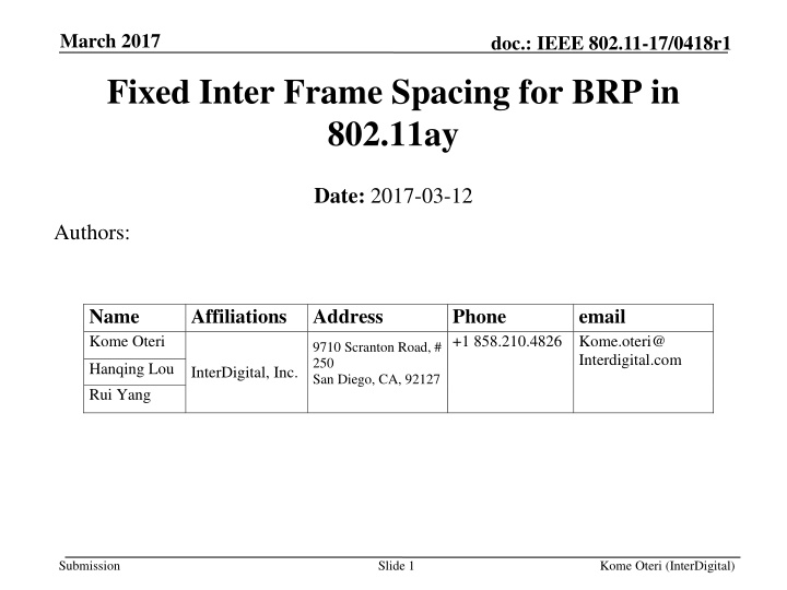 IEEE 802.11-17/0418r1 Fixed Inter-Frame Spacing for BRP in 802.11ay