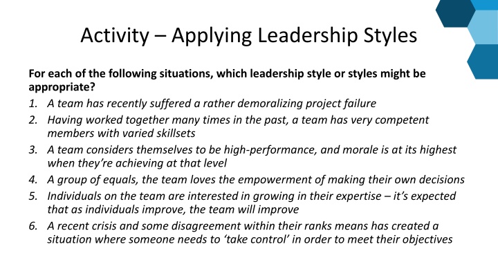 activity applying leadership styles n.w