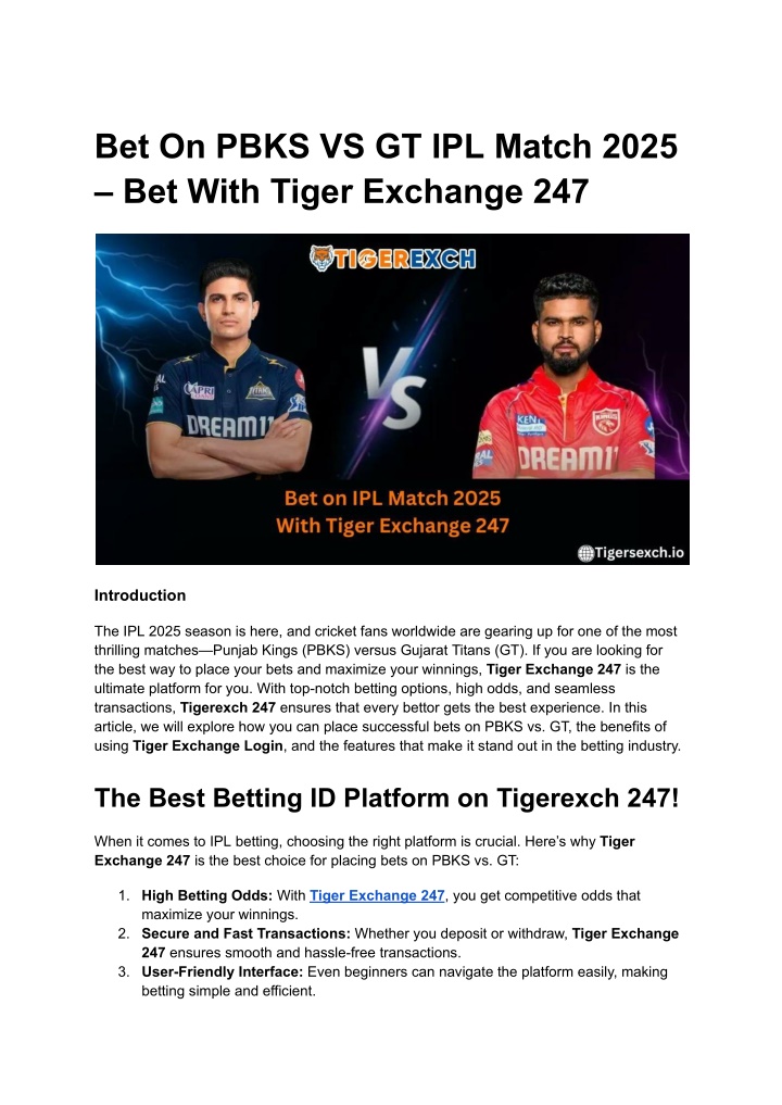 bet on pbks vs gt ipl match 2025 bet with tiger n.w