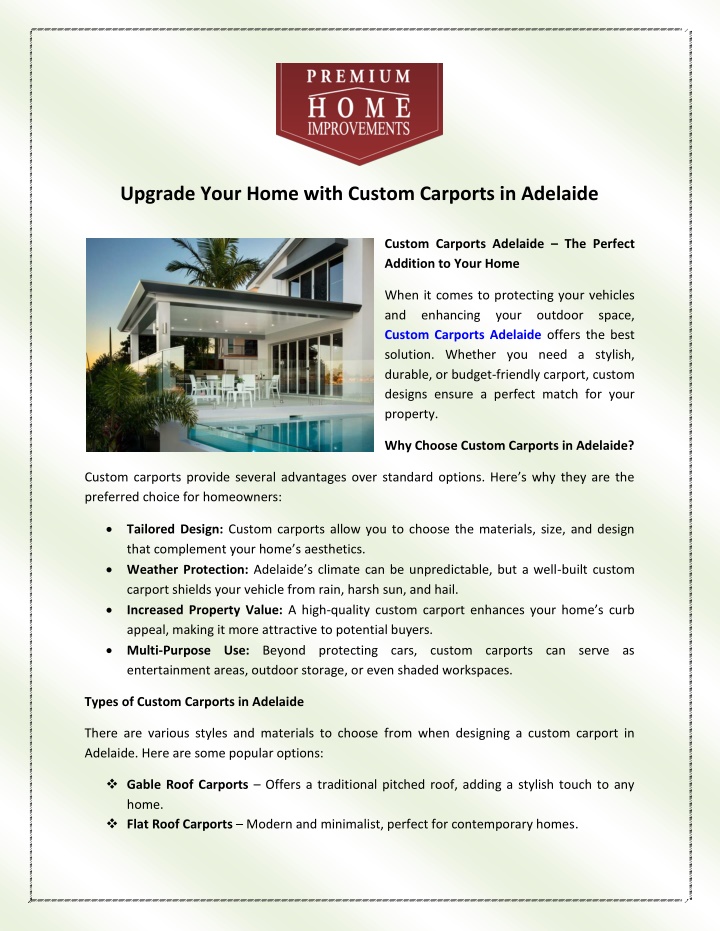 upgrade your home with custom carports in adelaide n.w
