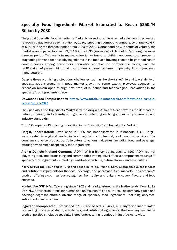specialty food ingredients market estimated n.w