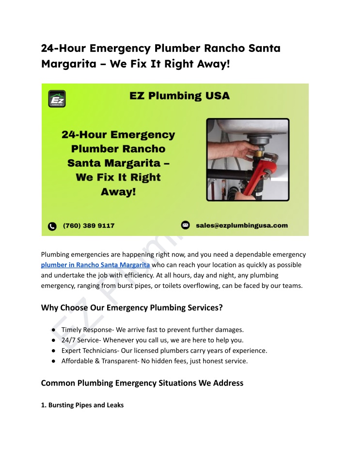 24 hour emergency plumber rancho santa margarita n.w
