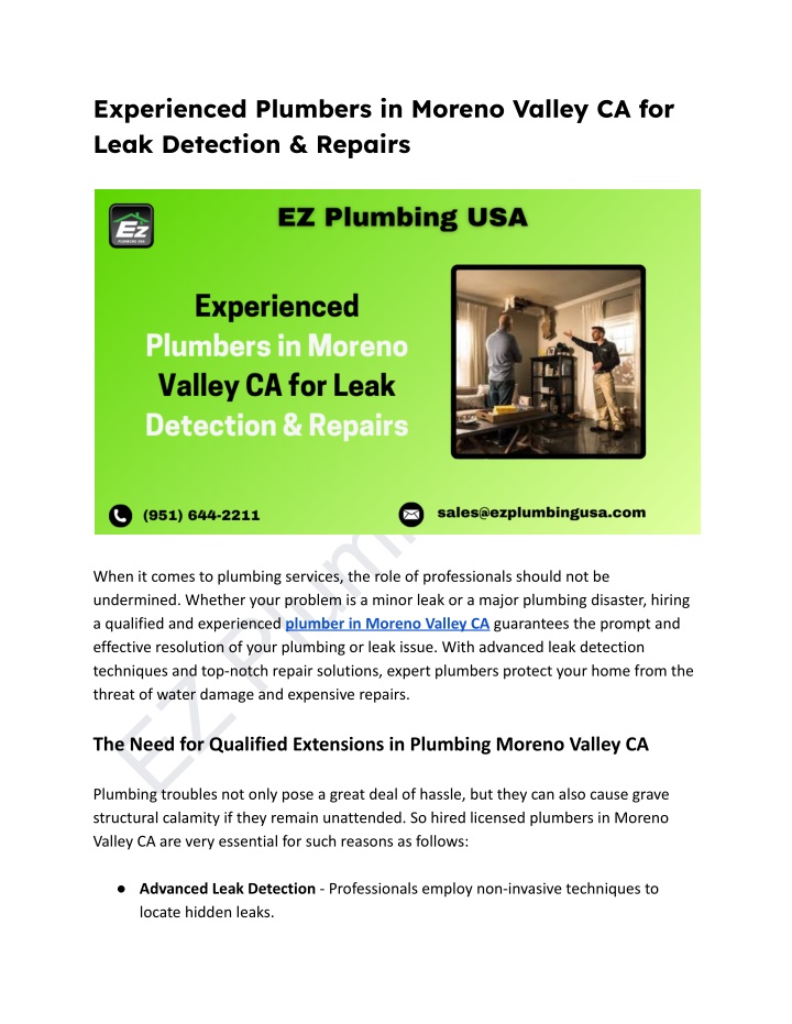 experienced plumbers in moreno valley ca for leak n.w