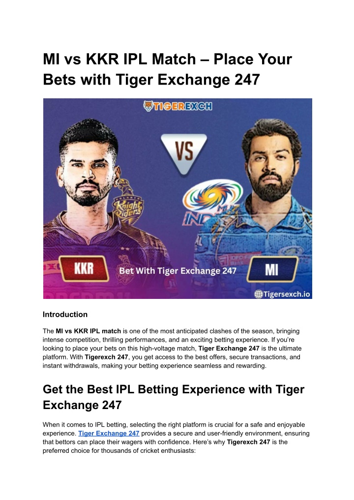 mi vs kkr ipl match place your bets with tiger n.w