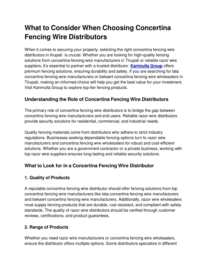 What to Consider When Choosing Concertina Fencing Wire Distributors