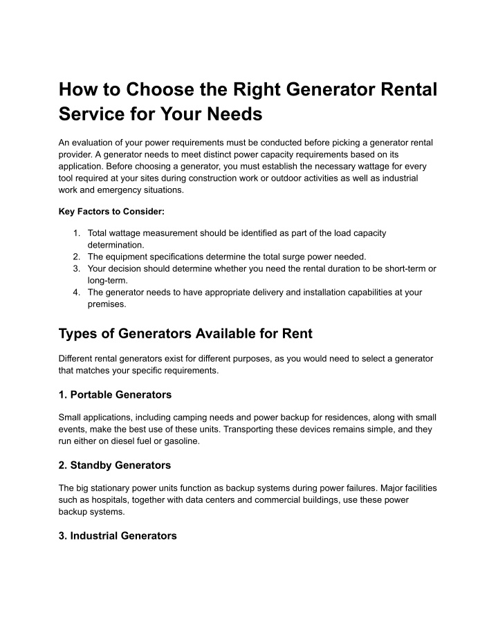how to choose the right generator rental service n.w