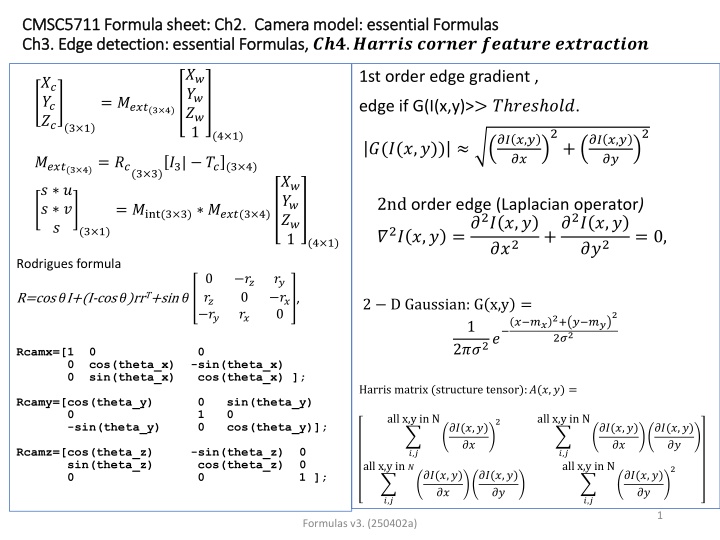 cmsc5711 formula sheet ch2 camera model essential n.w