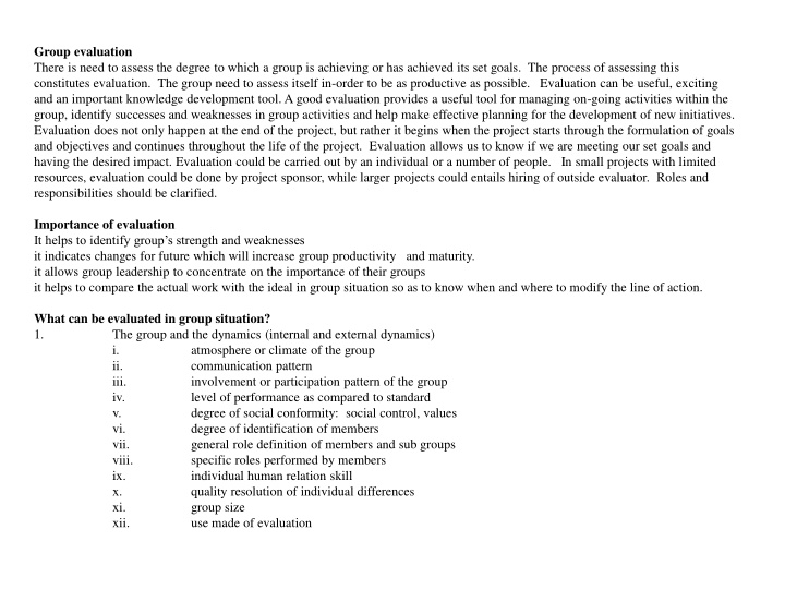 group evaluation there is need to assess n.w