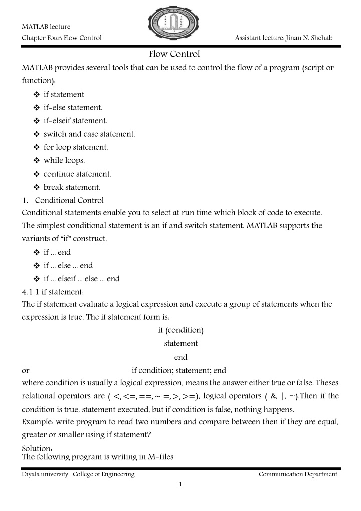 matlab lecture chapter four flow control n.w