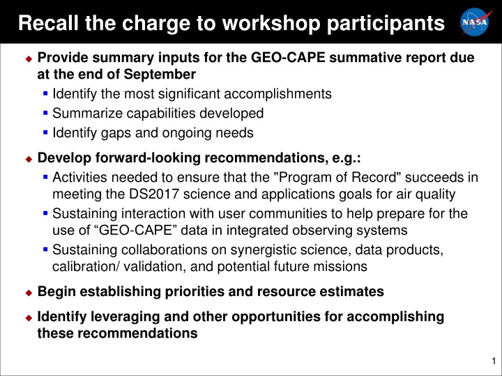recall the charge to workshop participants n.w