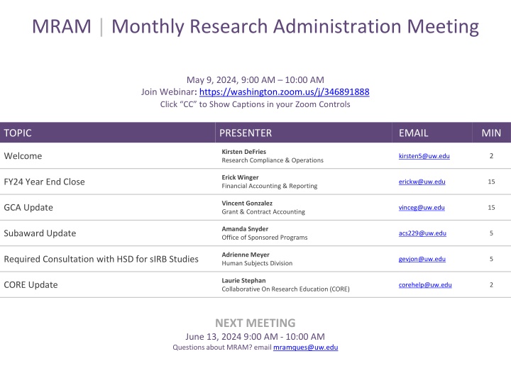 MRAM Monthly Research Administration Meeting - May 2024 Overview