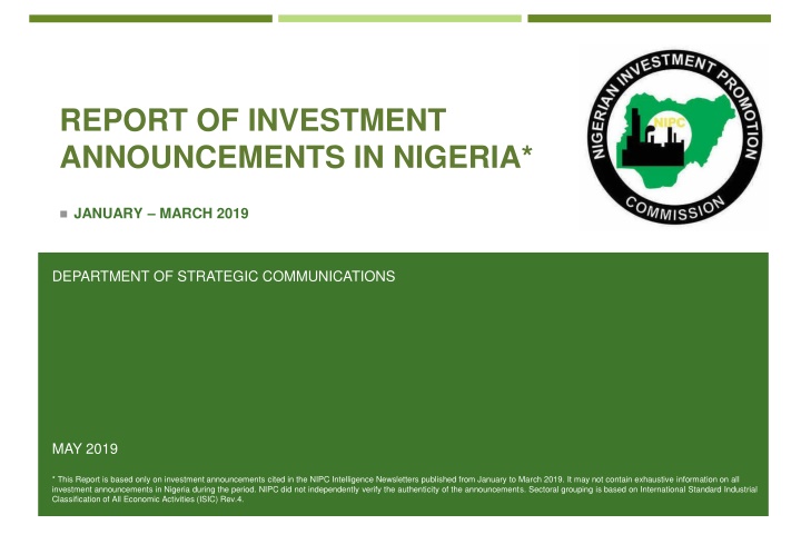 Investment Announcements in Nigeria Jan-Mar 2019 Report