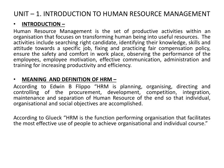 unit 1 introduction to human resource management n.w