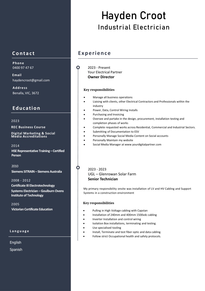 hayden croot industrial electrician n.w