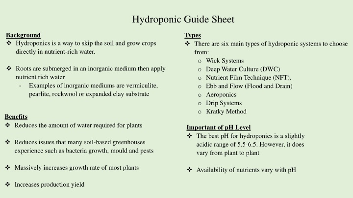 hydroponic guide sheet n.w