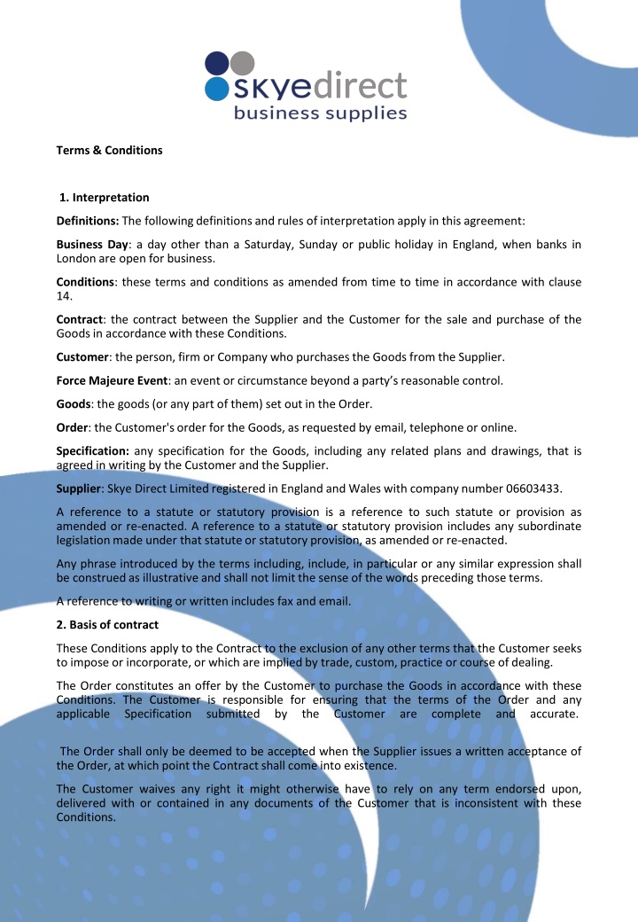 Interpretation Definitions and Contract Conditions for Sale of Goods
