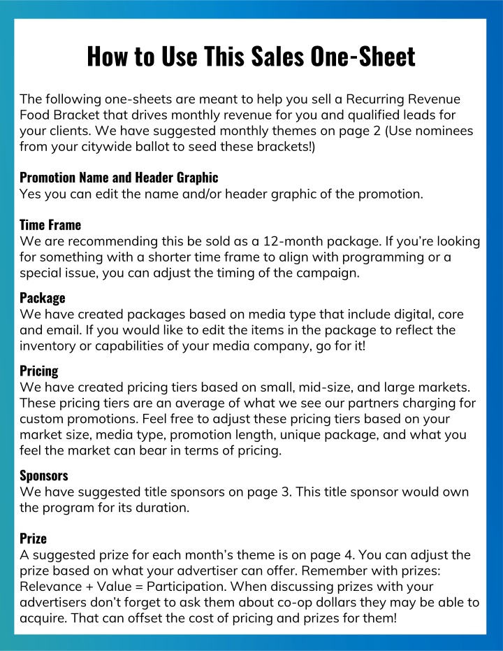 how to use this sales one sheet n.w