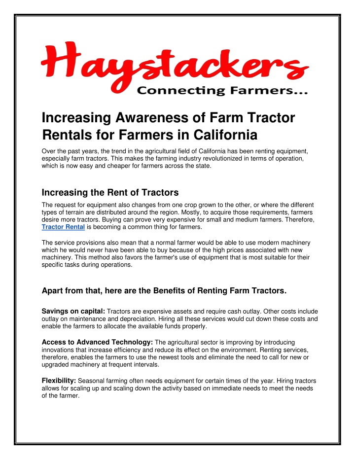 increasing awareness of farm tractor rentals n.w