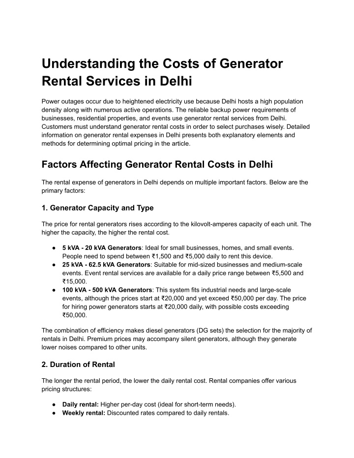understanding the costs of generator rental n.w